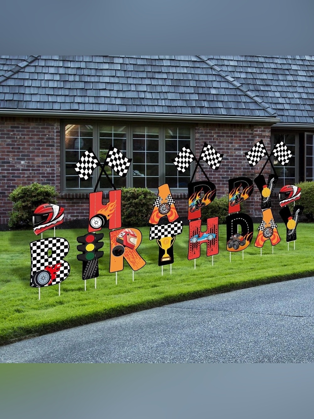 Race Car Themed Happy Birthday Yard Signs - Red, Black & Orange
